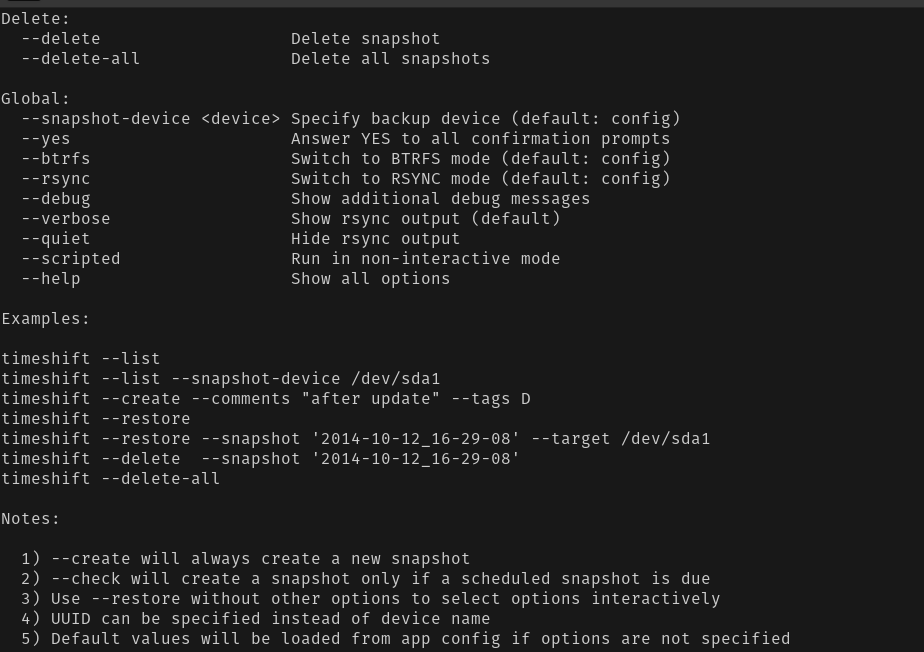 Captura de pantalla de Timeshift desde la terminal con las funciones básicas.