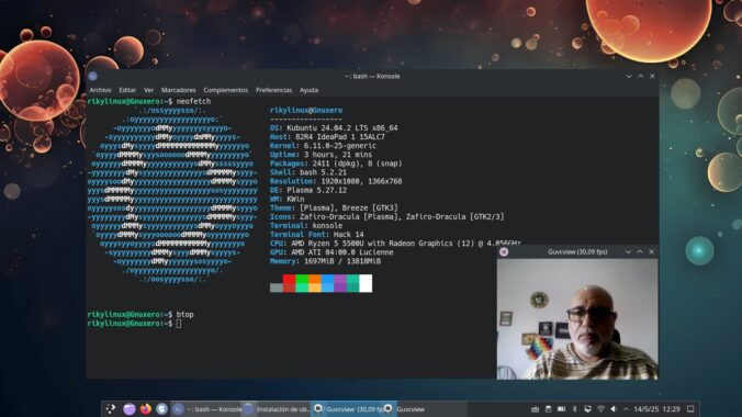 La imagen muestra el fondo de pantalla de Kubuntu y en la margen derecha a rikylinux